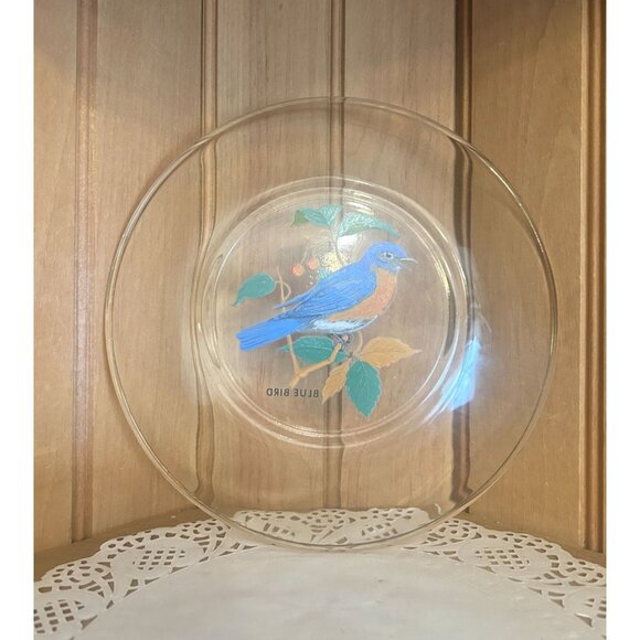 Vintage Clear Glass Salad Luncheon Plate Birds of America Bluebird - Picture 4 of 4